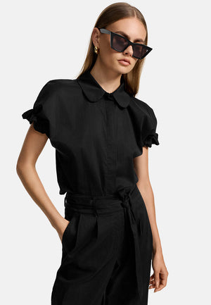 Bluse smoked Kurzarm in feinem Baumwollstretch | Black