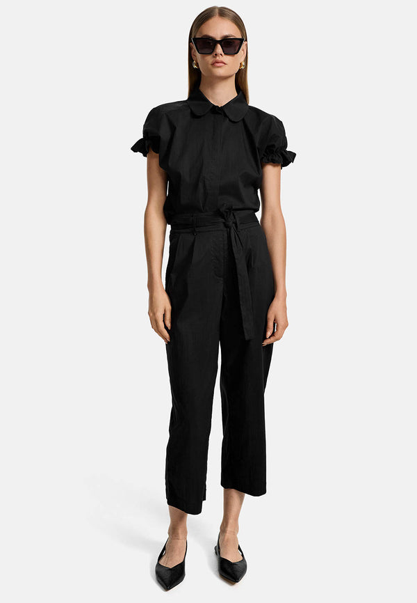 Bluse smoked Kurzarm in feinem Baumwollstretch | Black