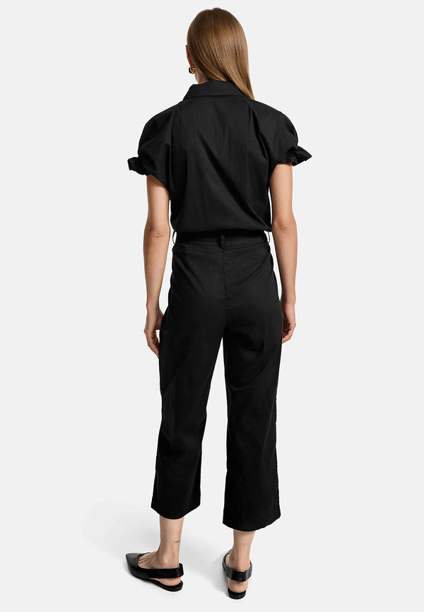 Bluse smoked Kurzarm in feinem Baumwollstretch | Black