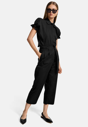 Bluse smoked Kurzarm in feinem Baumwollstretch | Black