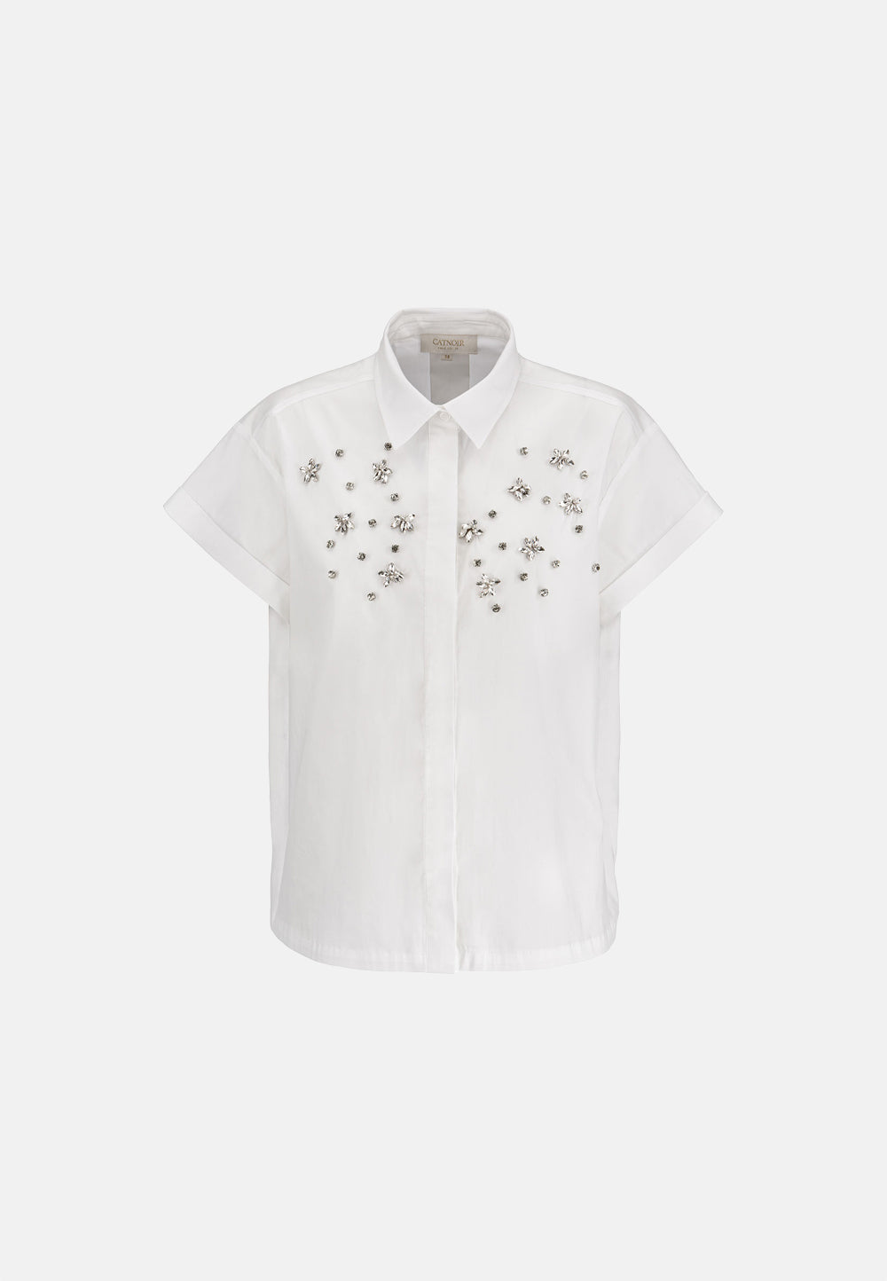 Bluse Drop Shoulder in feinem Baumwollstretch mit Glitzersteinen | White