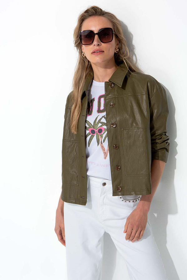 Kurzjacke aus veganem Leder | Khaki