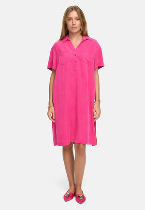 Lyocell garment-dyed dress with a back print | Pink Leaves