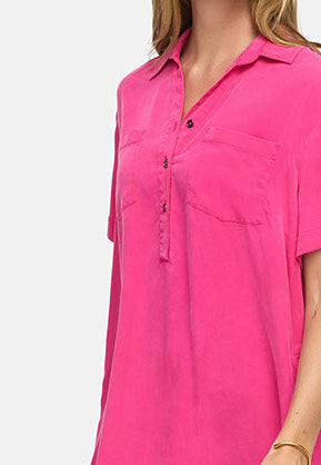 Lyocell garment-dyed dress with a back print | Pink Leaves