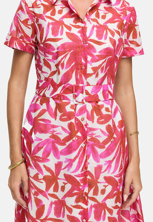 Cotton voile dress with print | Pink Leaves