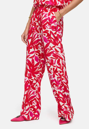 Hose in Viskose Print | Pink Leaves