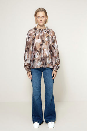 Bluse in Lyocell-Crepe mit Print | Taupe Clouds