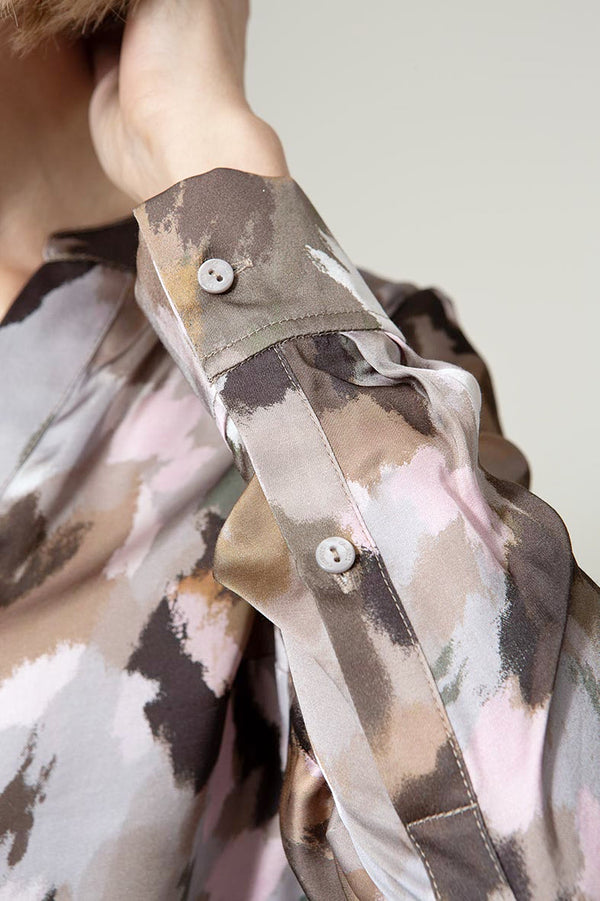 Bluse in Viscose Satin mit Print | Taupe Tide