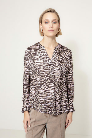 Bluse in Viscose Satin mit Print | Taupe Clouds