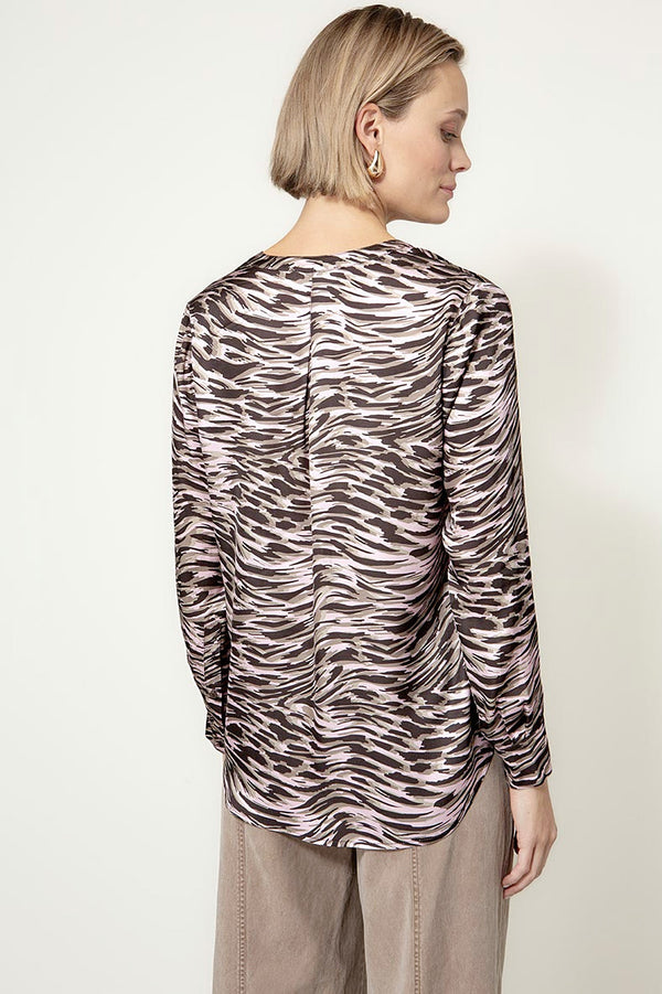 Bluse in Viscose Satin mit Print | Taupe Clouds