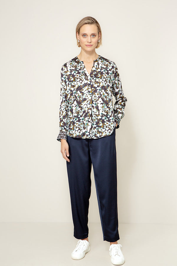 Bluse in Viscose Satin mit Print | Teal Flowers