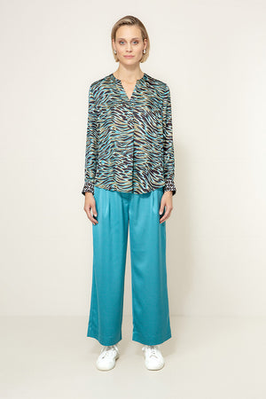 Bluse in Viscose Satin mit Print | Teal Tide