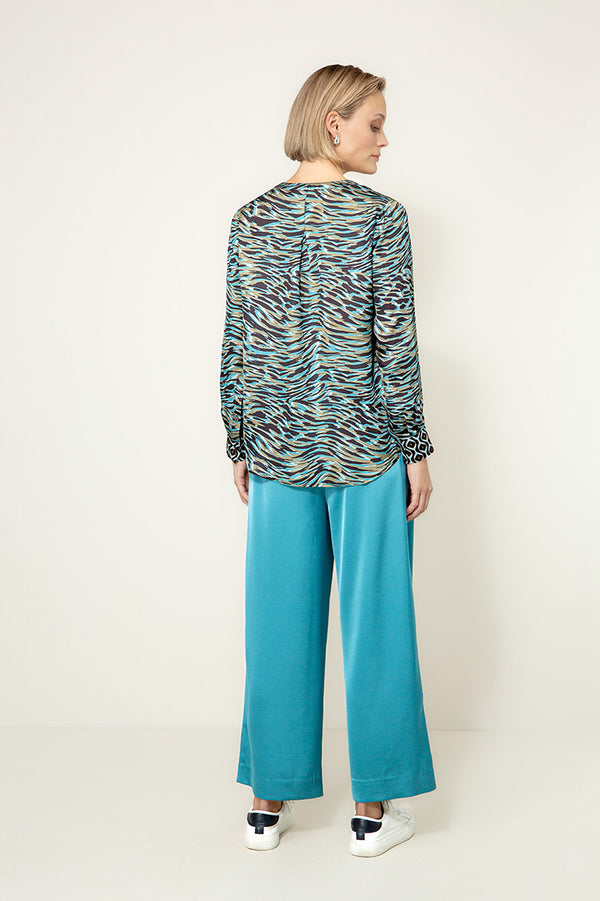 Bluse in Viscose Satin mit Print | Teal Tide