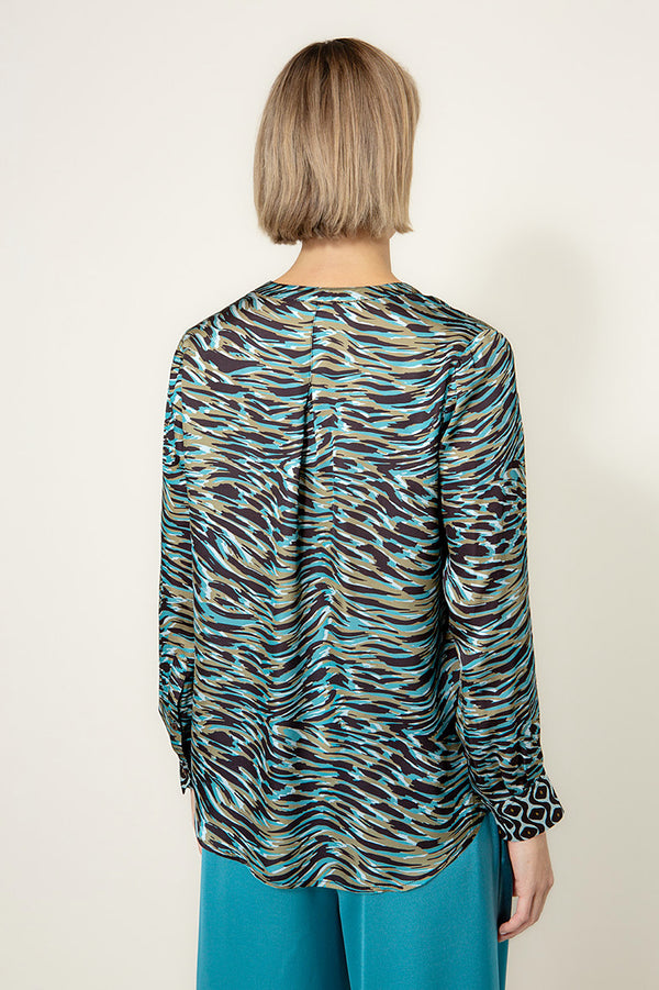 Bluse in Viscose Satin mit Print | Teal Tide
