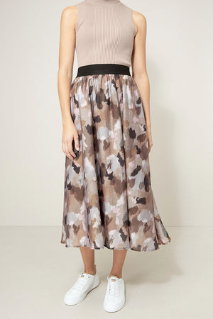Rock in Lyocell-Crepe mit Print | Taupe Clouds