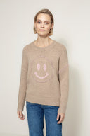 Knitted sweater with smiley face | Taupe
