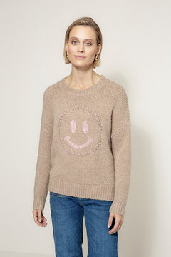 Knitted sweater with smiley face | Taupe
