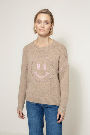 Knitted sweater with smiley face | Taupe