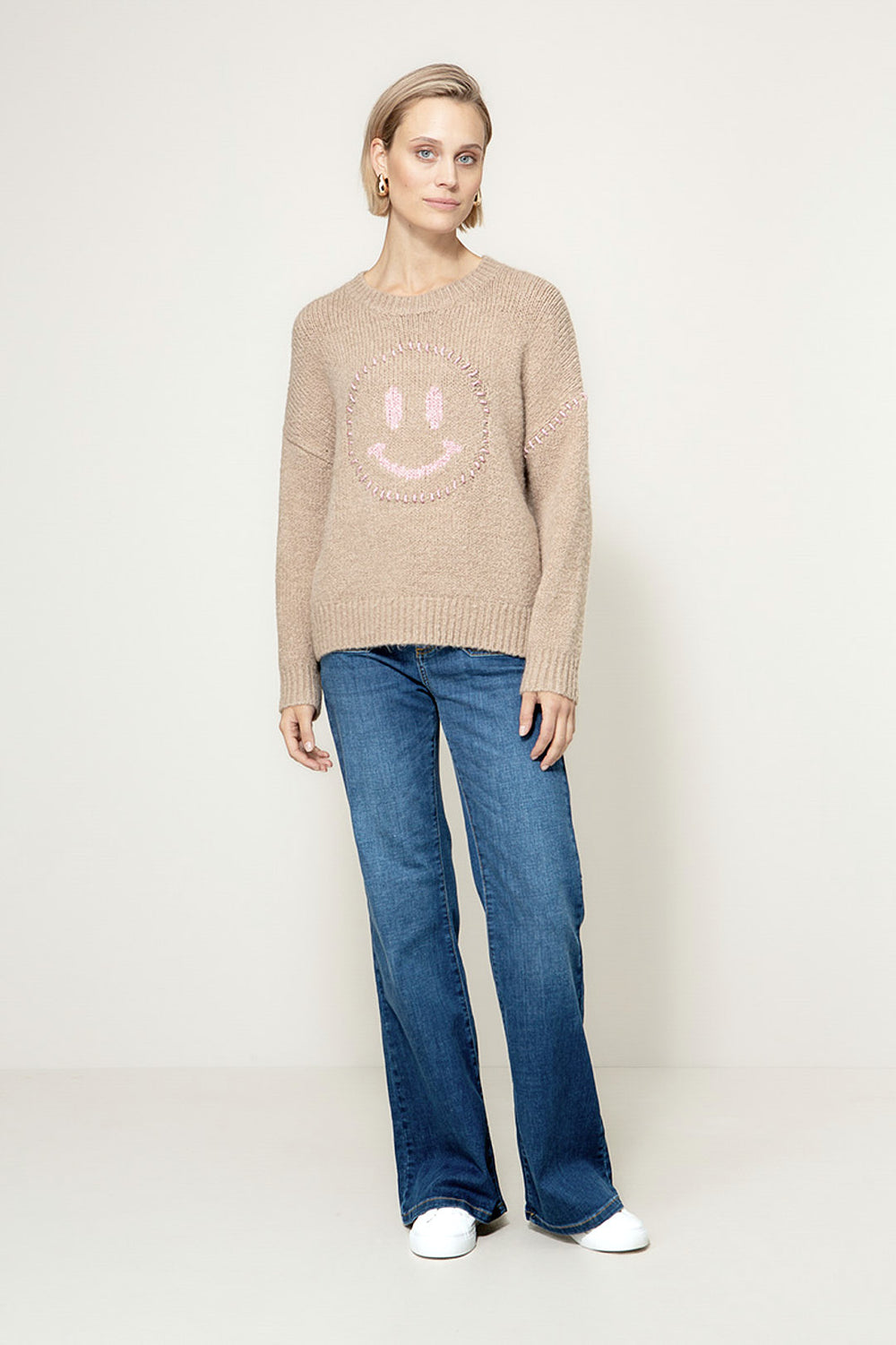 Knitted sweater with smiley face | Taupe