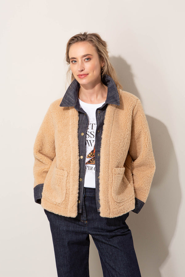 Jacke in Teddy-Denim-Mix