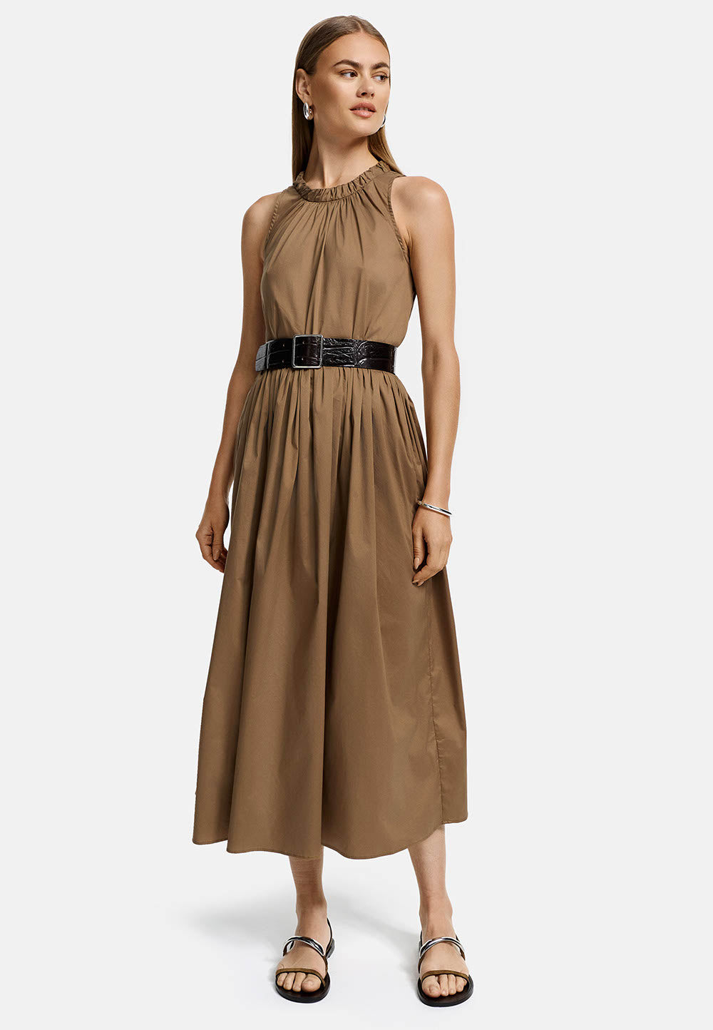 Midi dress with short sleeves in fine cotton stretch | Cocoa