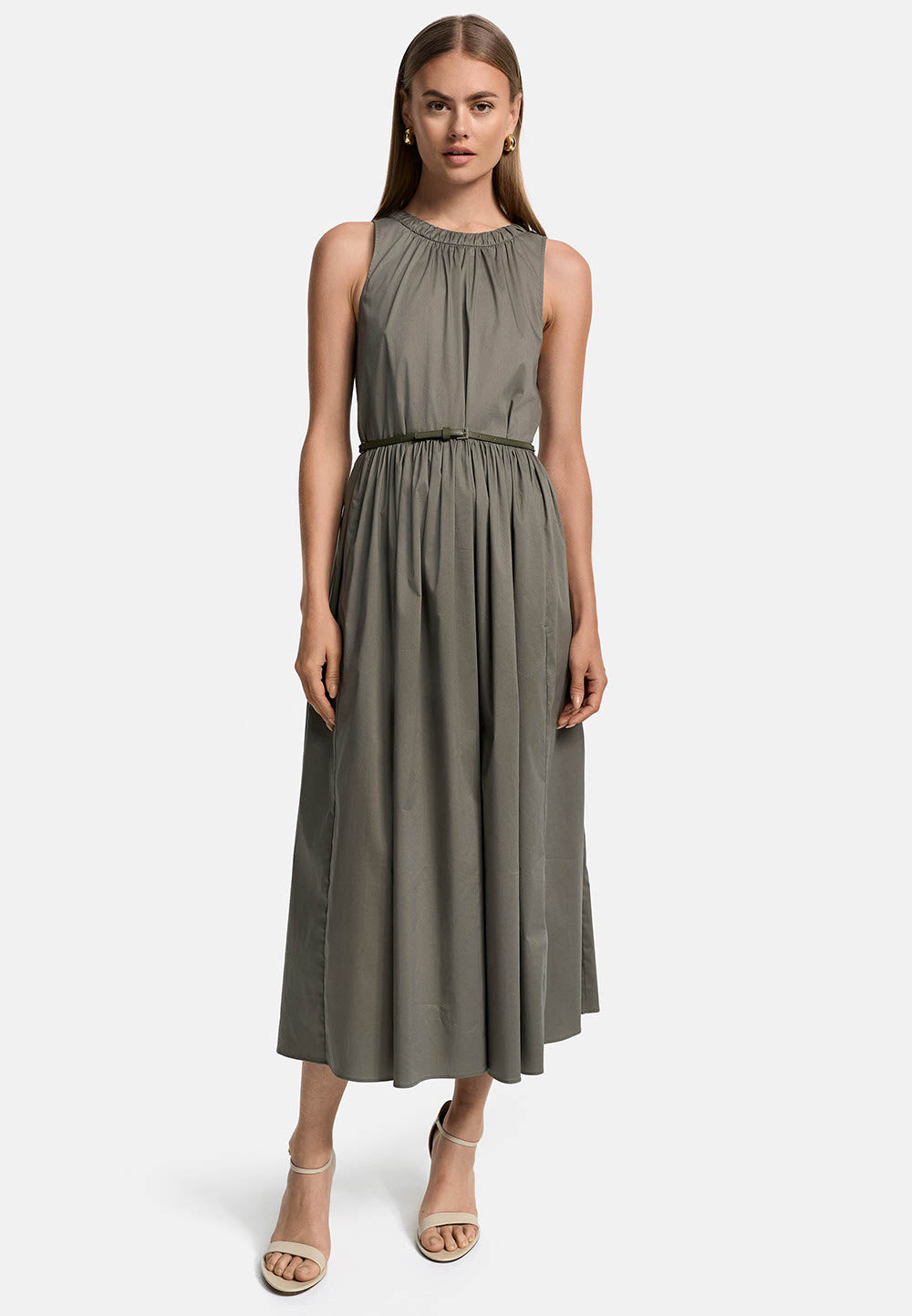 Midi dress short sleeve in fine cotton stretch | Olive 