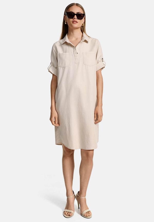 Kleid im Materalpatch in Baumwoll- Leinen Mix | Creme