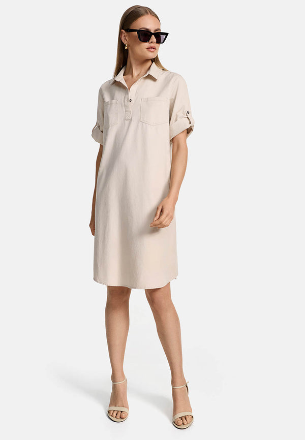 Kleid im Materalpatch in Baumwoll- Leinen Mix | Creme