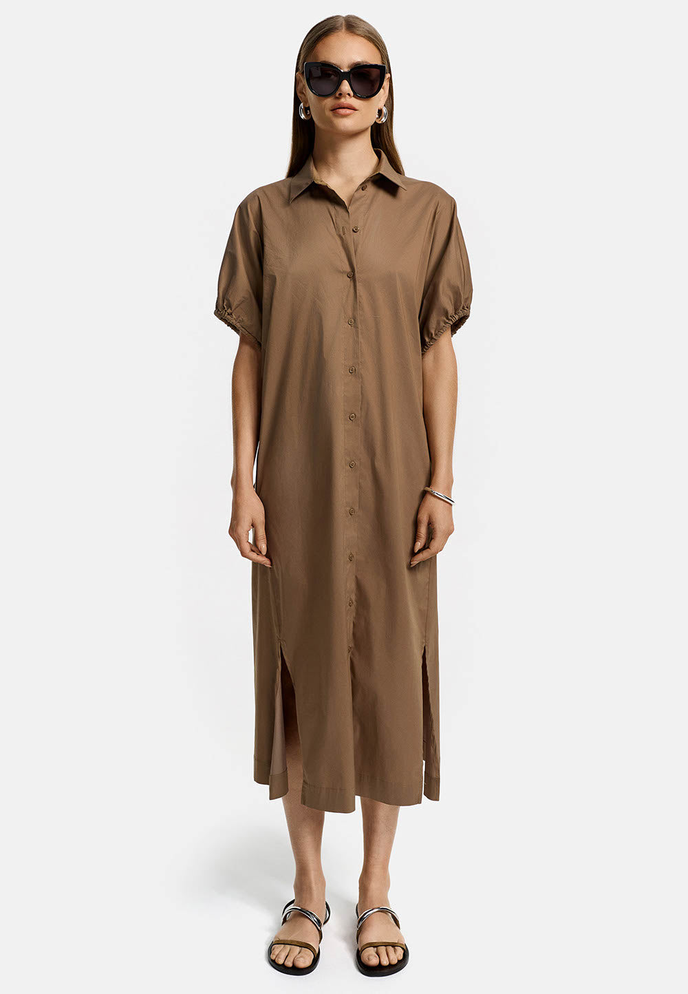 Drop-shoulder midi dress in fine cotton stretch | Cocoa 