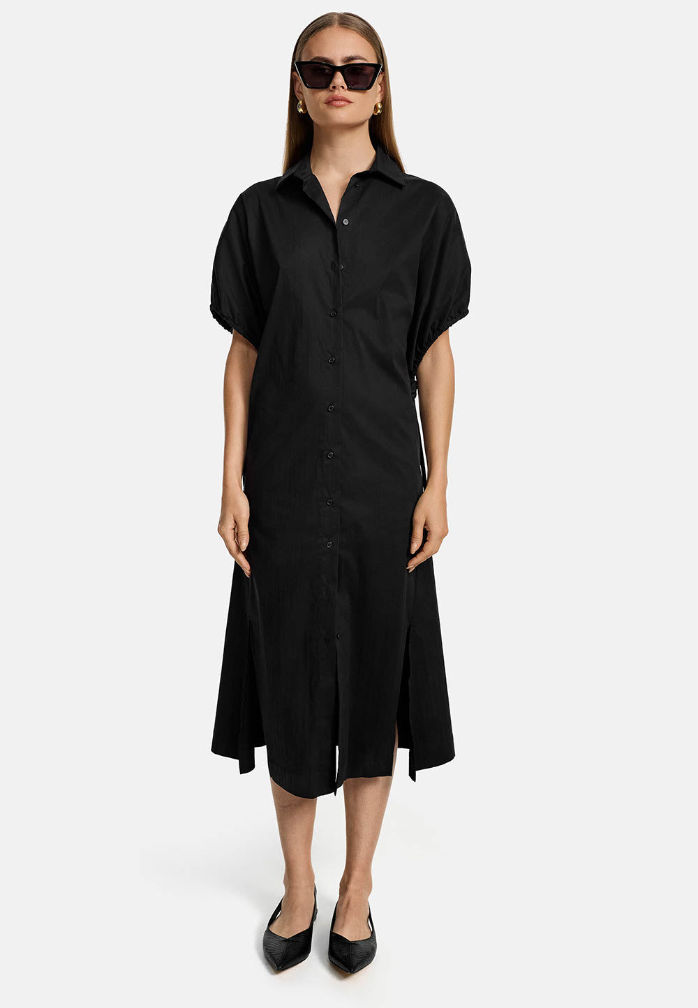 Drop-shoulder midi dress in fine stretch cotton | Black 