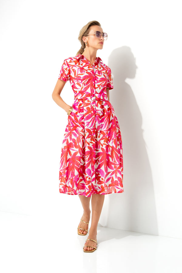Cotton voile dress with print | Pink Leaves