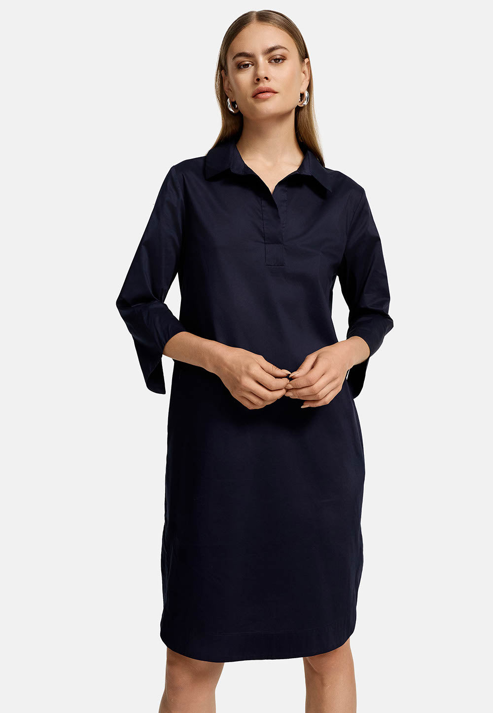 Sporty 3/4-sleeve dress in fine stretch cotton | Navy 