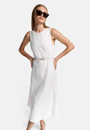 Midikleid Kurzarm in Baumwoll- Leinen Mix | White