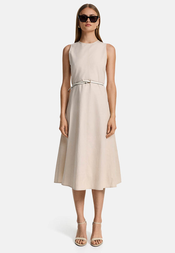Midikleid Kurzarm in Baumwoll- Leinen Mix | Creme