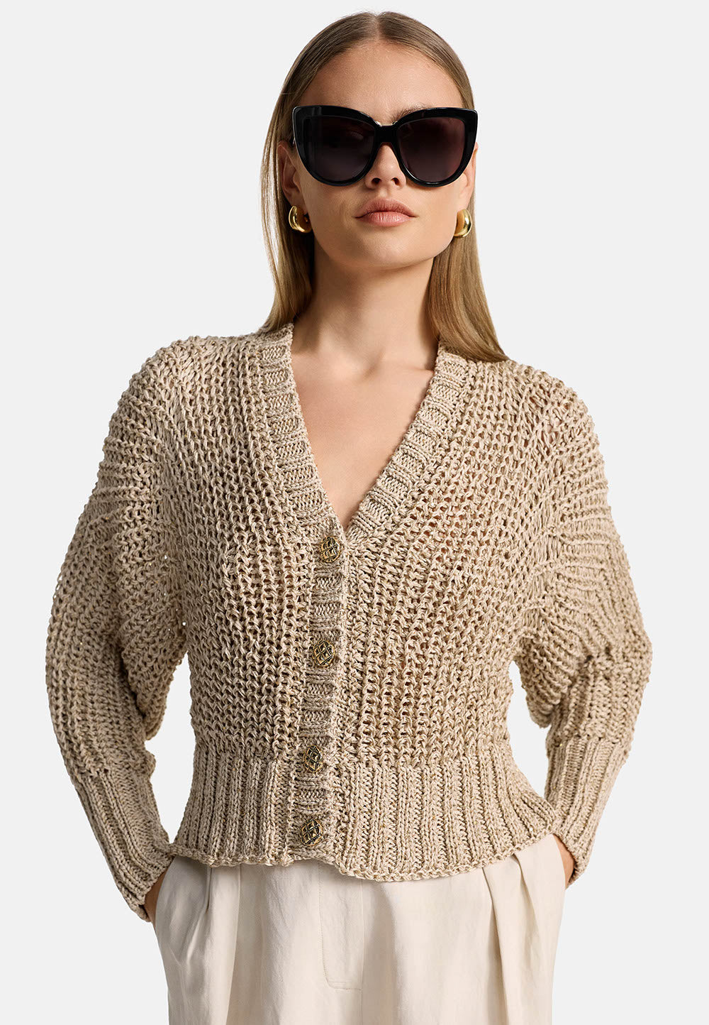 Strickcardigan V-Neck in Mischgarn mit Pailetten | Creme