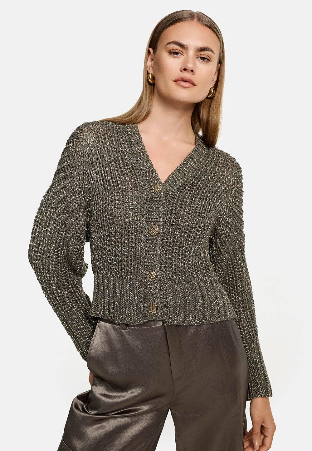 Strickcardigan V-Neck in Mischgarn mit Pailetten | Olive