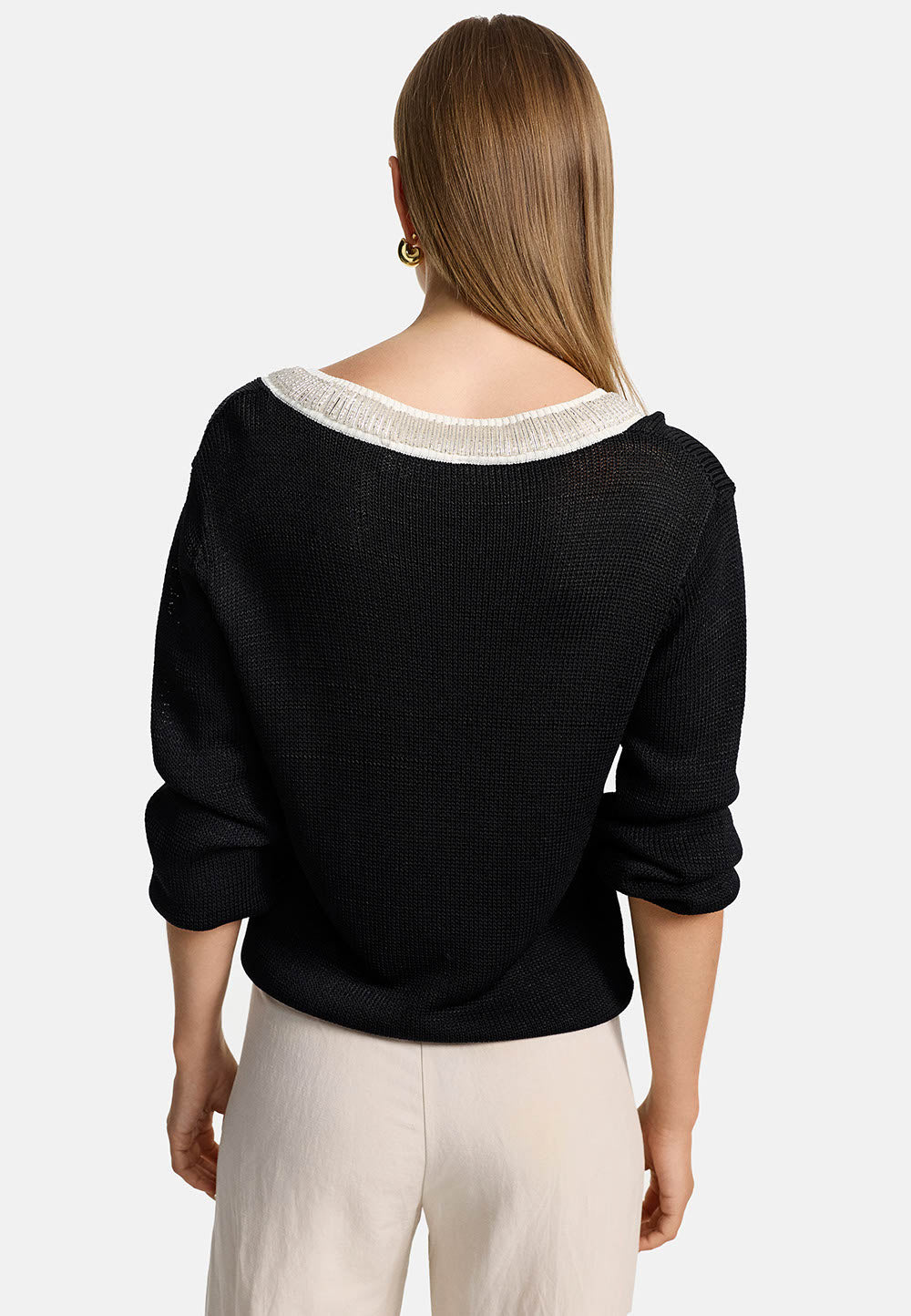 Strickpullover V-Neck in Viscose Glanzgarn mit Glitzersteinen | Black