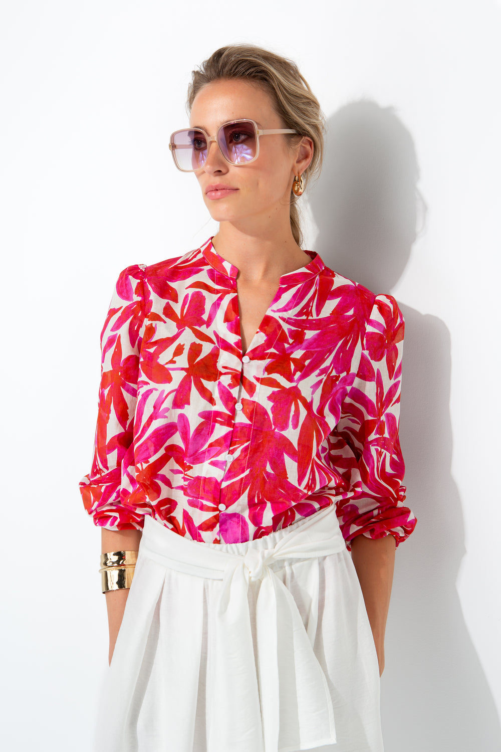 Bluse in Cotton Voile mit Print | Pink Leaves
