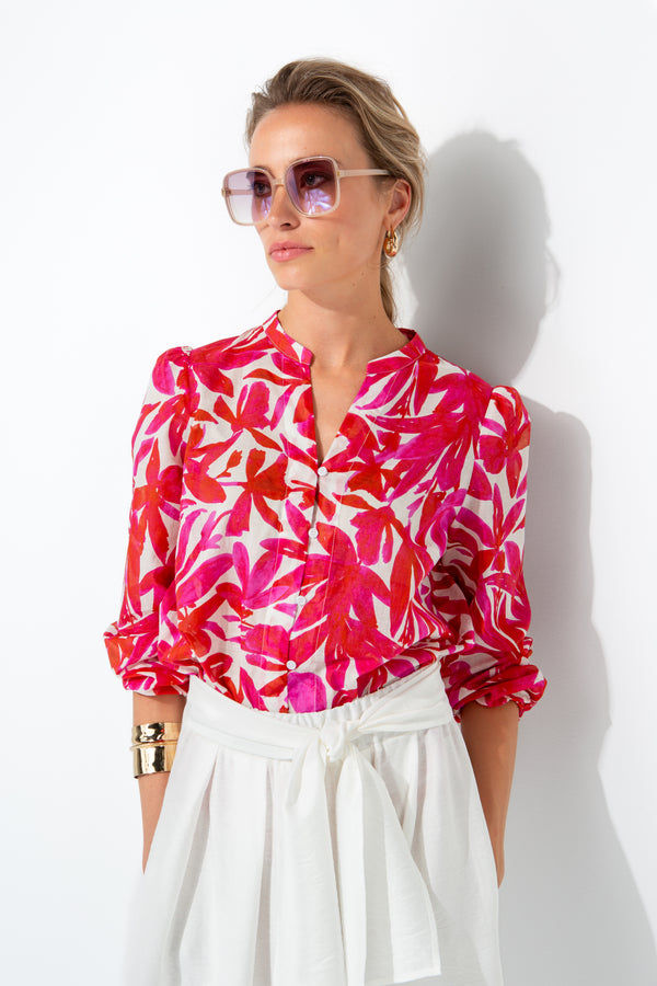 Bluse in Cotton Voile mit Print | Pink Leaves