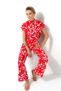 Hose in Viskose Print | Pink Leaves