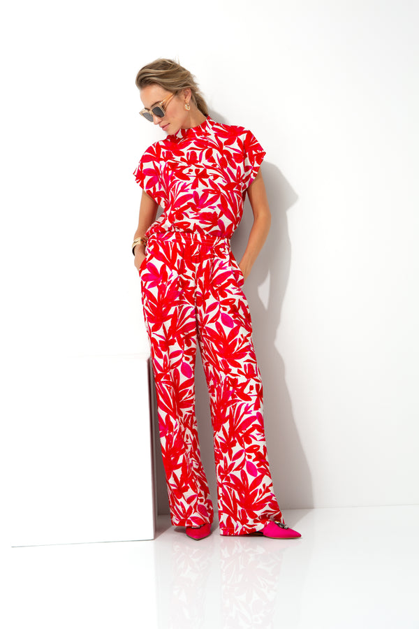 Hose in Viskose Print | Pink Leaves