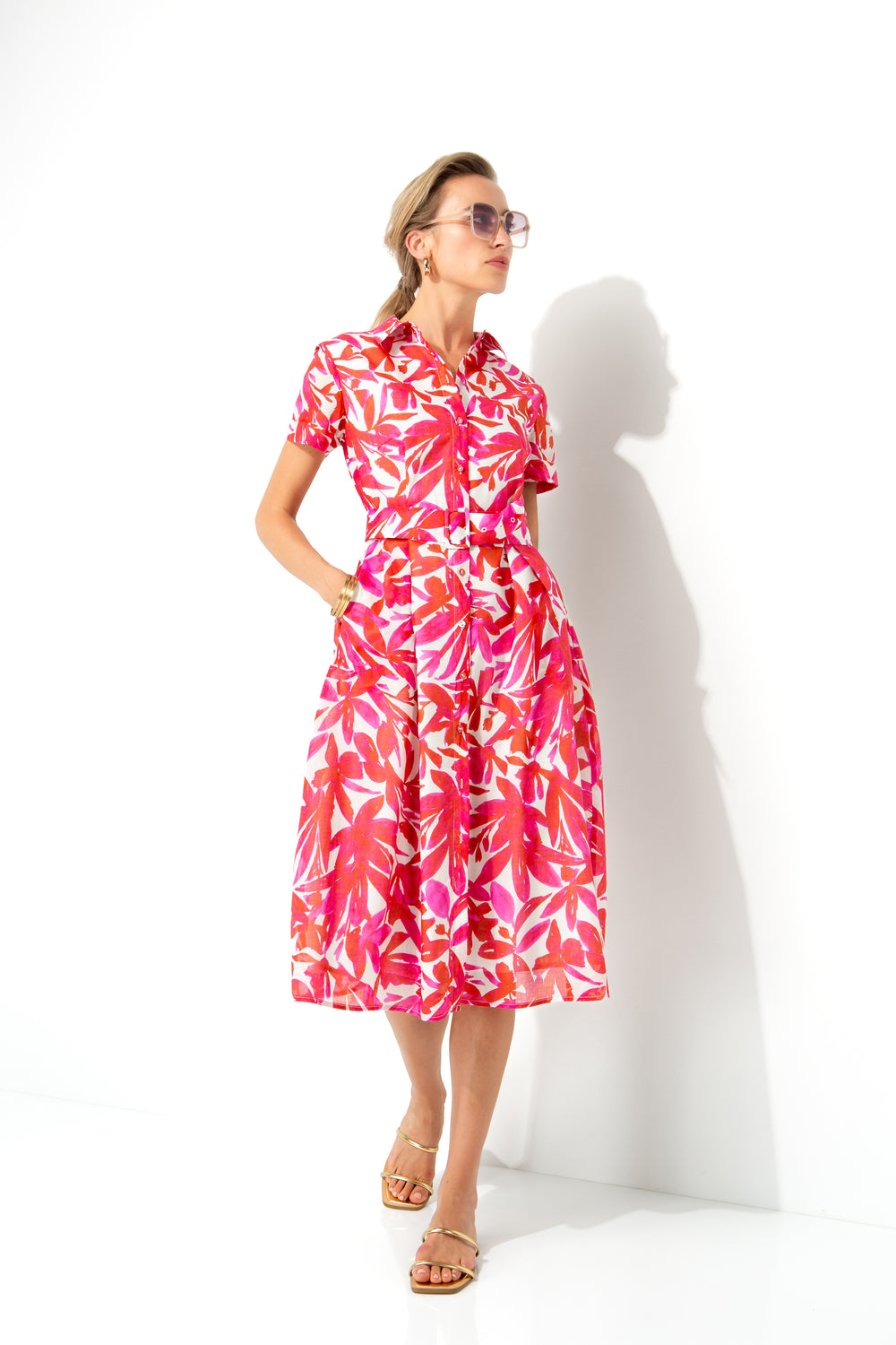 Kleid in Cotton Voile mit Print | Pink Leaves