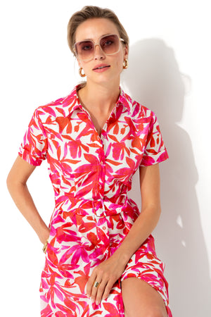 Cotton voile dress with print | Pink Leaves