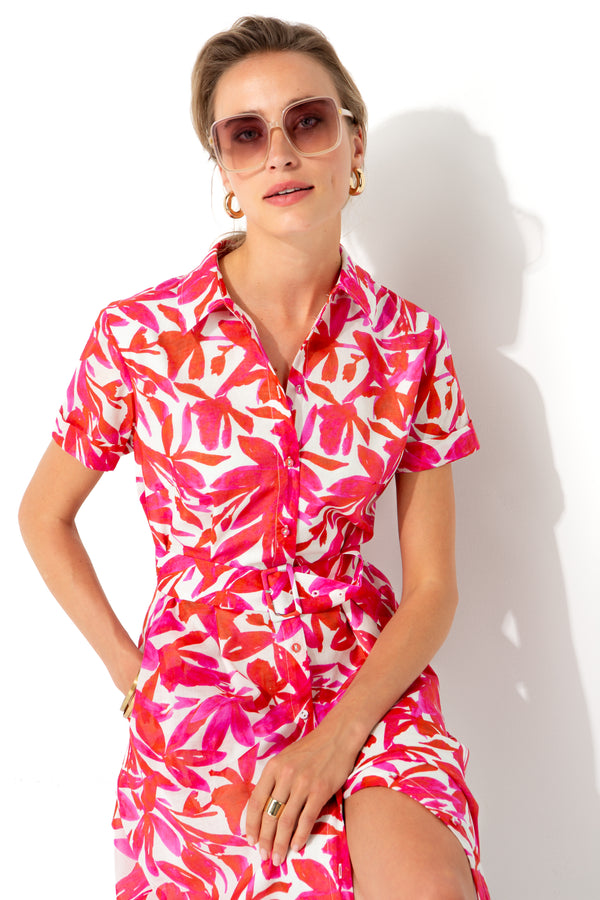 Cotton voile dress with print | Pink Leaves