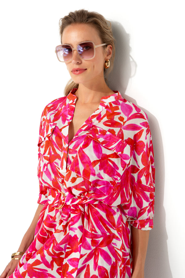 Kleid in Cotton Voile | Pink Leaves